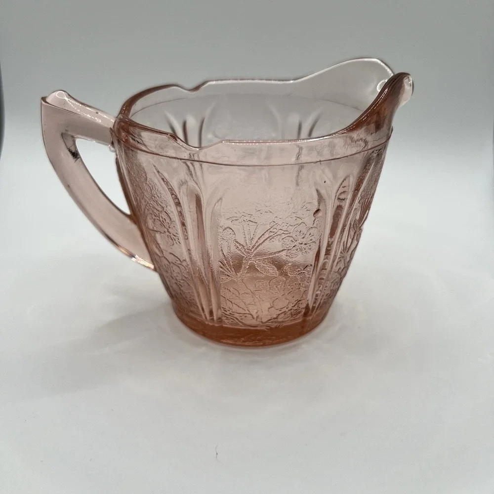 Vintage Jeanette Cherry Blossom Pink Depression Glass Creamer with 2 Saucers